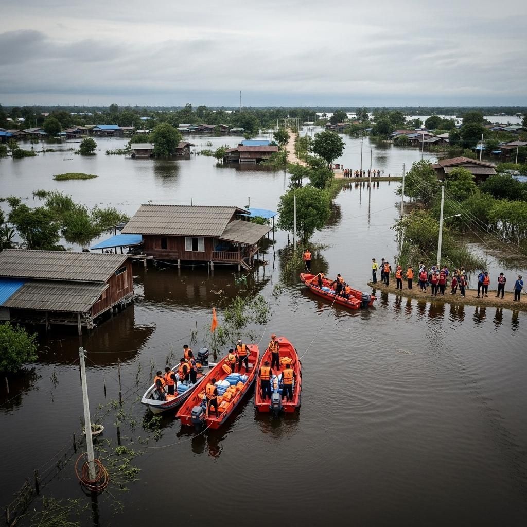 Aerial view of flooded village in southern Thailand with rescue boats and submerged homes