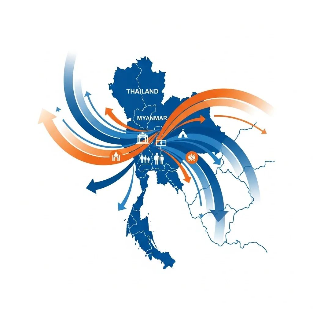 Infographic map showing Thailand–Myanmar border with arrows for trade and migrant flows