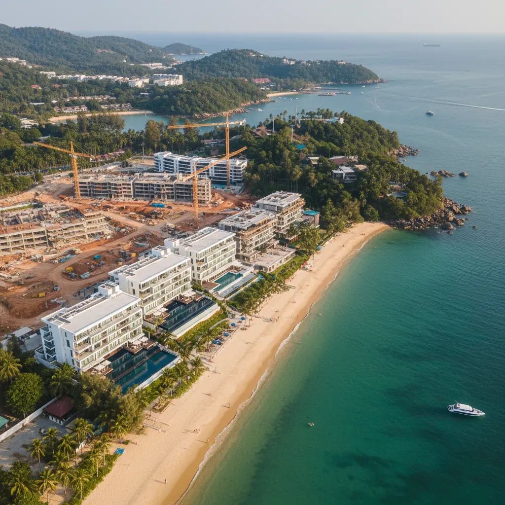 Aerial view of Phuket beachfront showing modern residential development with construction and tropical coastline
