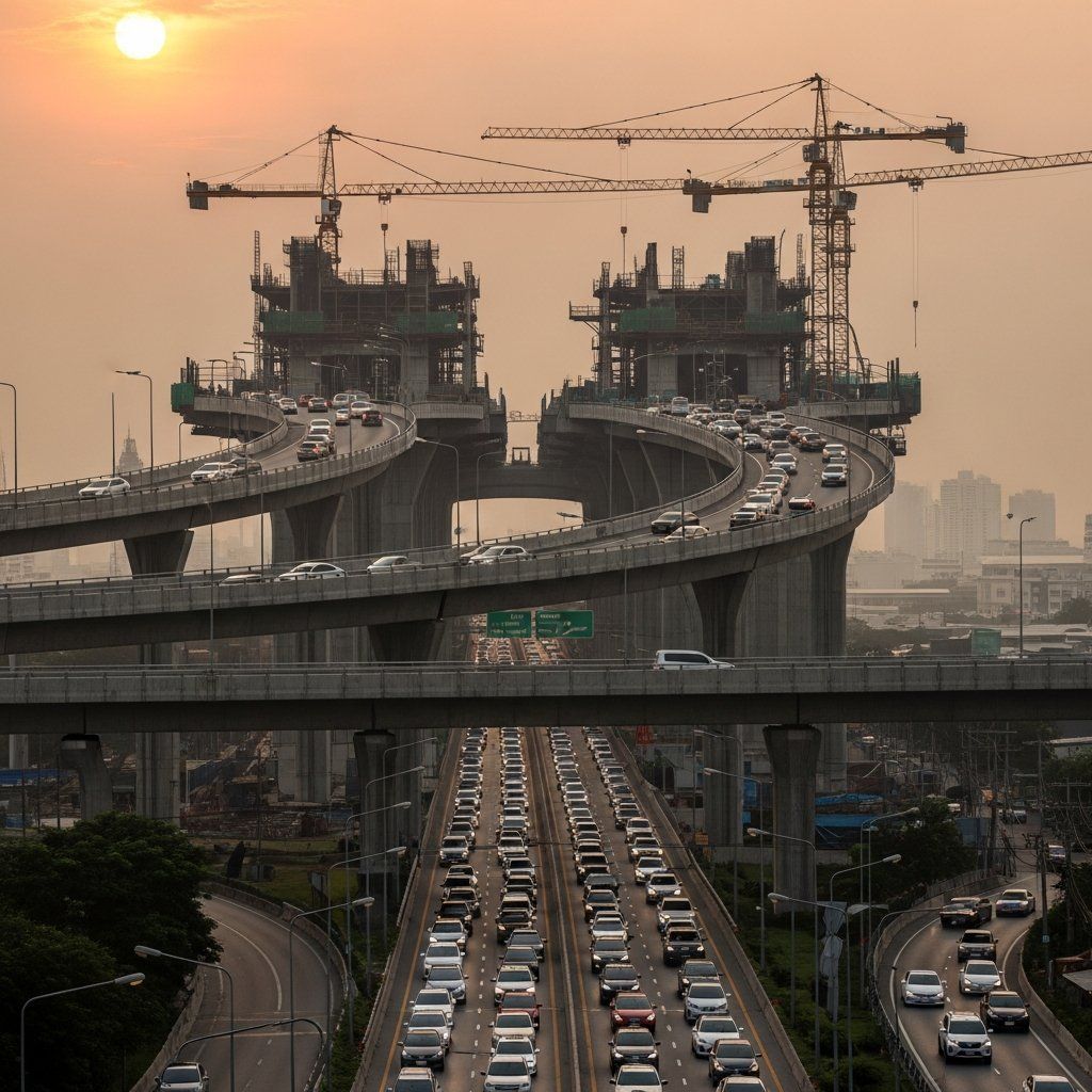 Under-construction double-deck expressway above existing elevated highway in Bangkok with traffic below