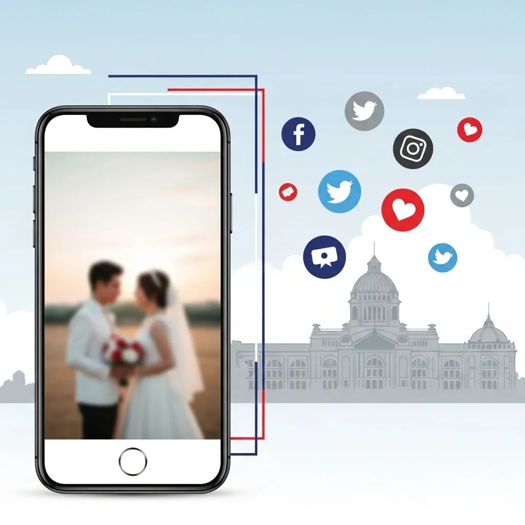 Illustration of a smartphone displaying a blurred wedding photo with Thai parliament silhouettes and social media icons