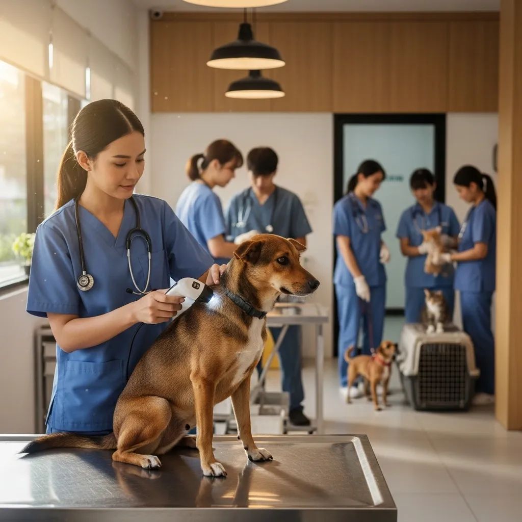 Veterinarian scanning a dog with a microchip scanner inside a clinic