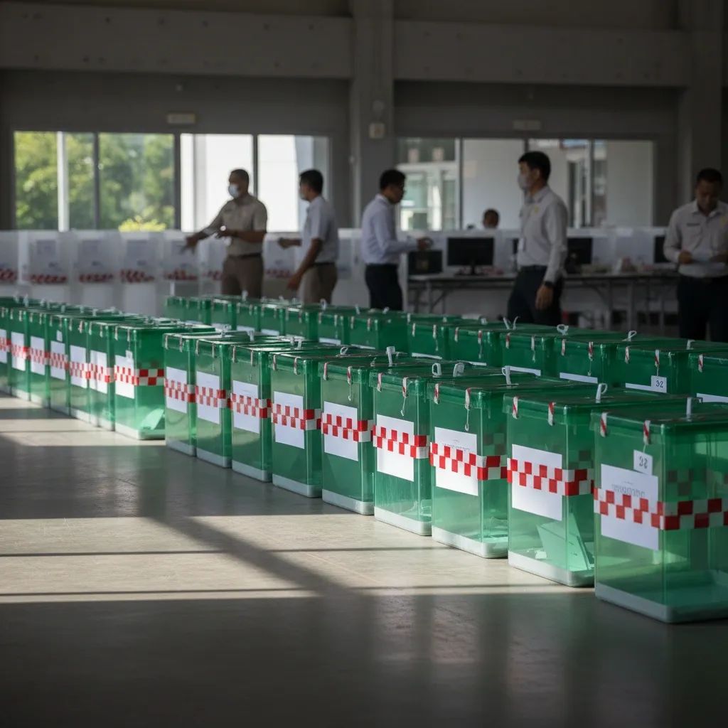Sealed green ballot boxes lined up in a Thai counting hall, highlighting election recount tension