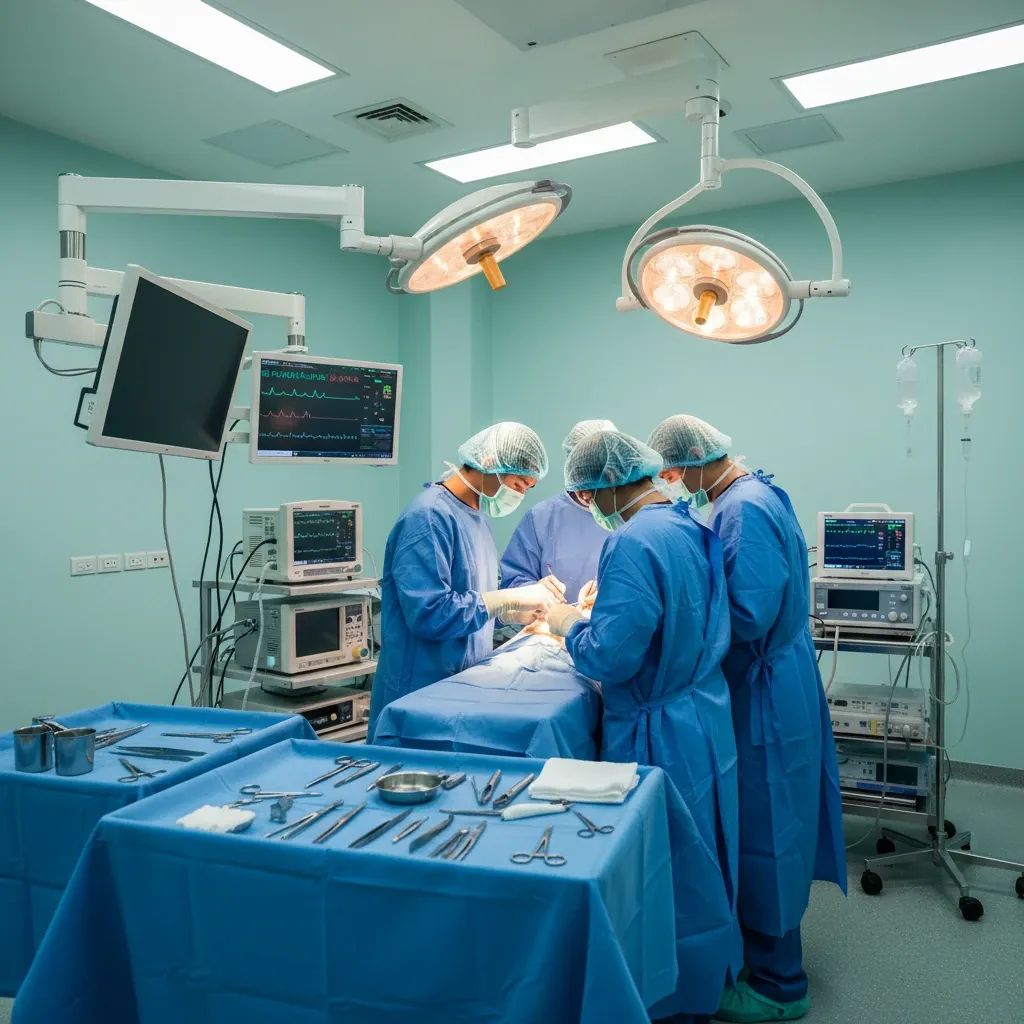 Veterinary surgical team performing advanced cardiac procedure in modern Thai hospital operating room