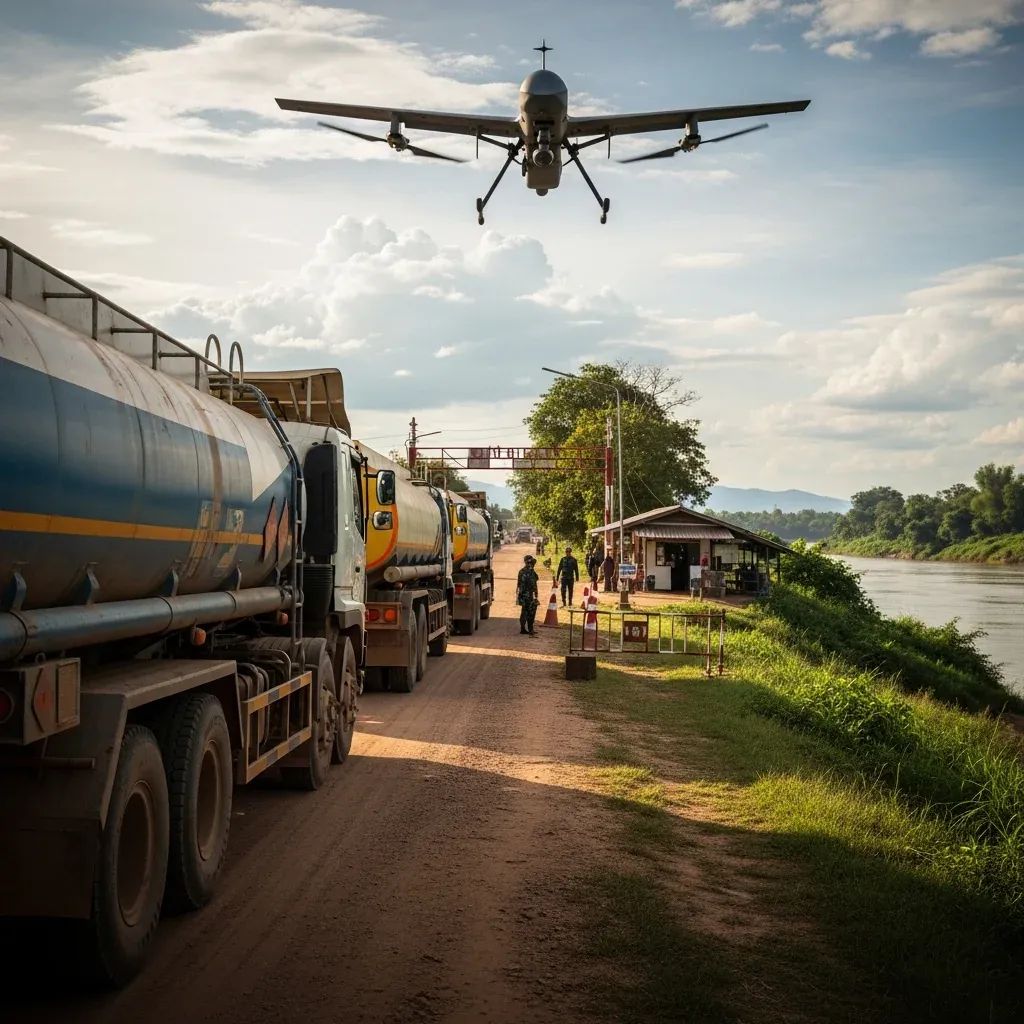 Fuel tanker trucks waiting at a Thailand-Laos Mekong border checkpoint with a drone overhead
