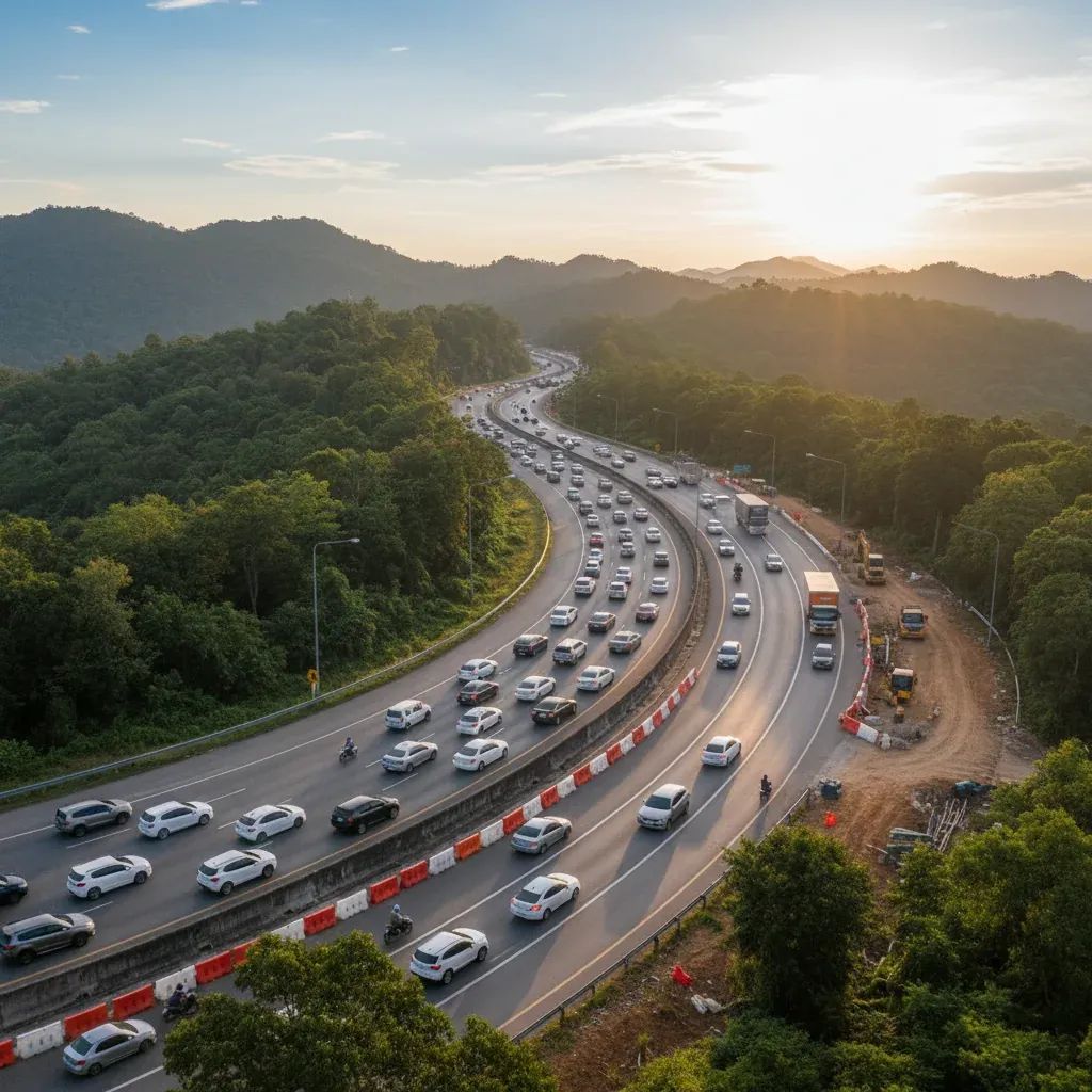 Mountainous section of Thailand's Phahonyothin Road with highway traffic and construction zone