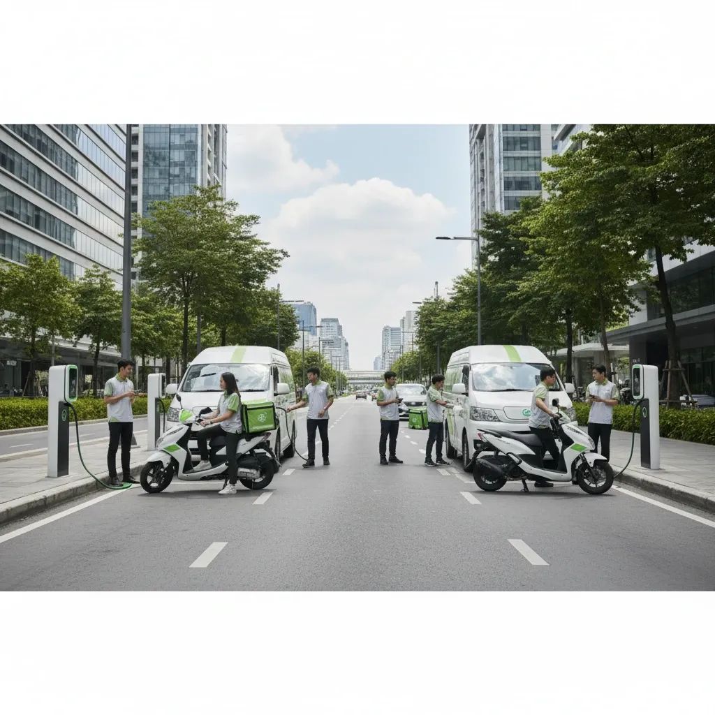 Electric delivery vans and motorcycles representing Thailand Post's EV fleet transition
