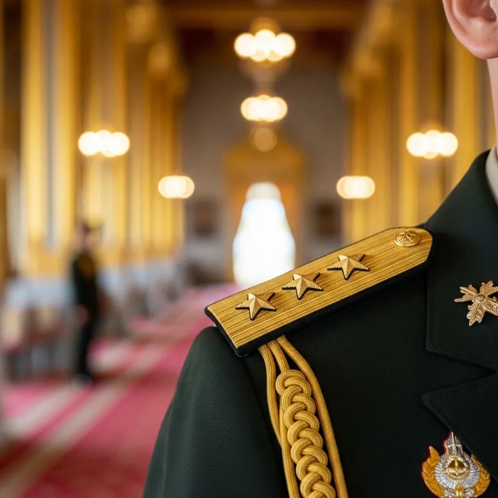 Four-star Thai army uniform shoulder insignia displayed in a palace ceremony hall