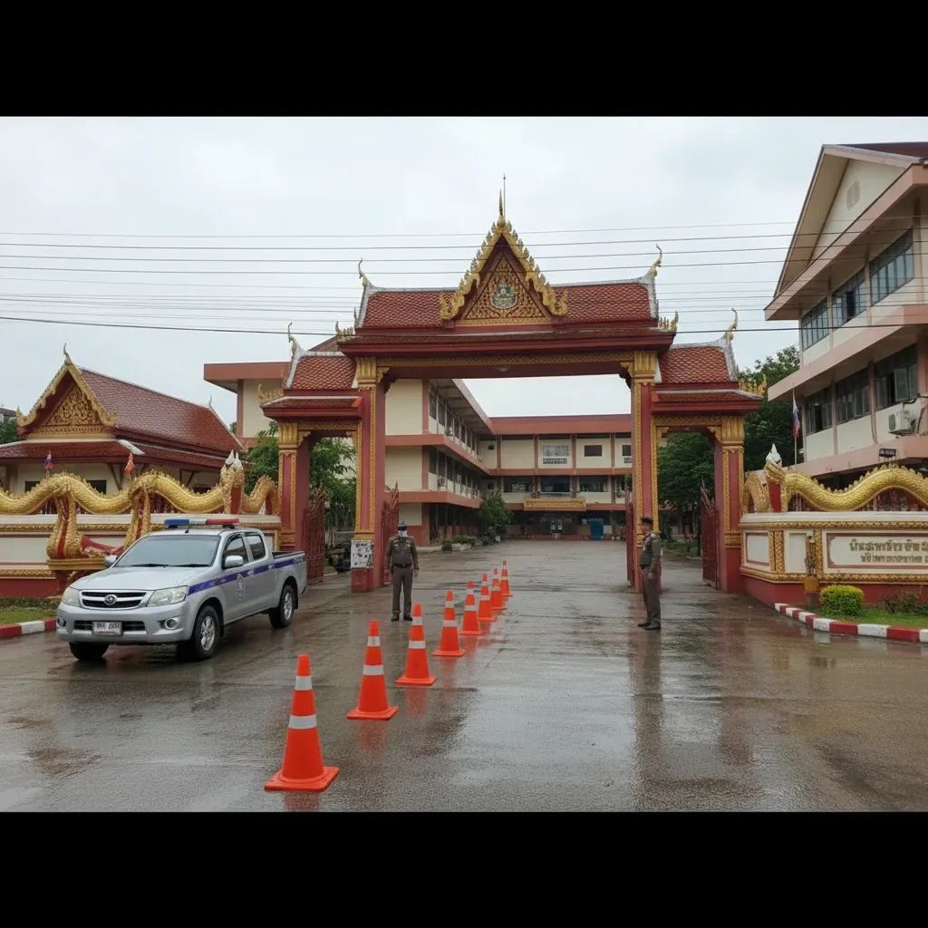 Police vehicle and officers securing the entrance of a Thai secondary school after the Hat Yai shooting