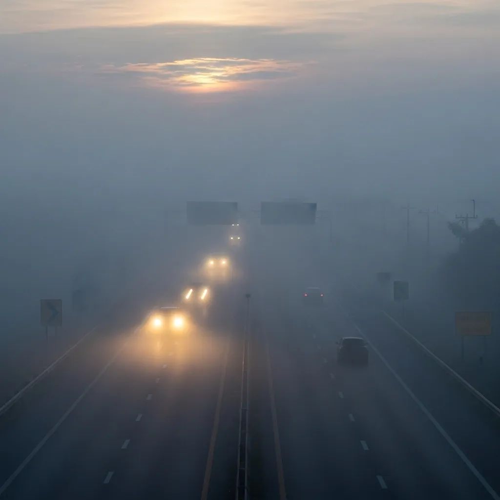 Foggy dawn scene on a Thai highway with car headlights cutting through dense mist