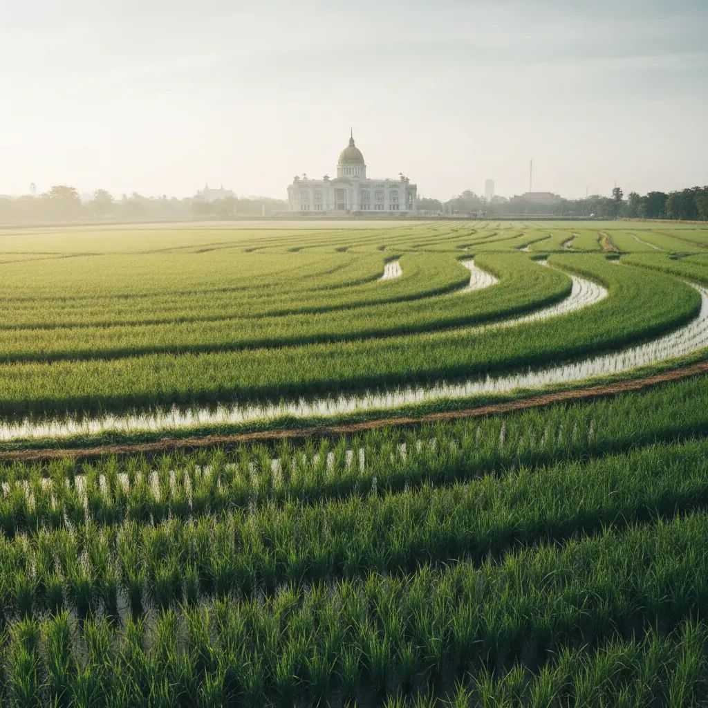 Thai rice fields with distant parliament building illustrating new political push for farm debt relief and land title reform