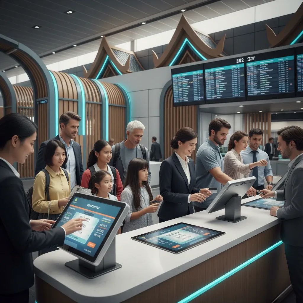 International travelers at Thai airport immigration counter with digital arrival processing system integration
