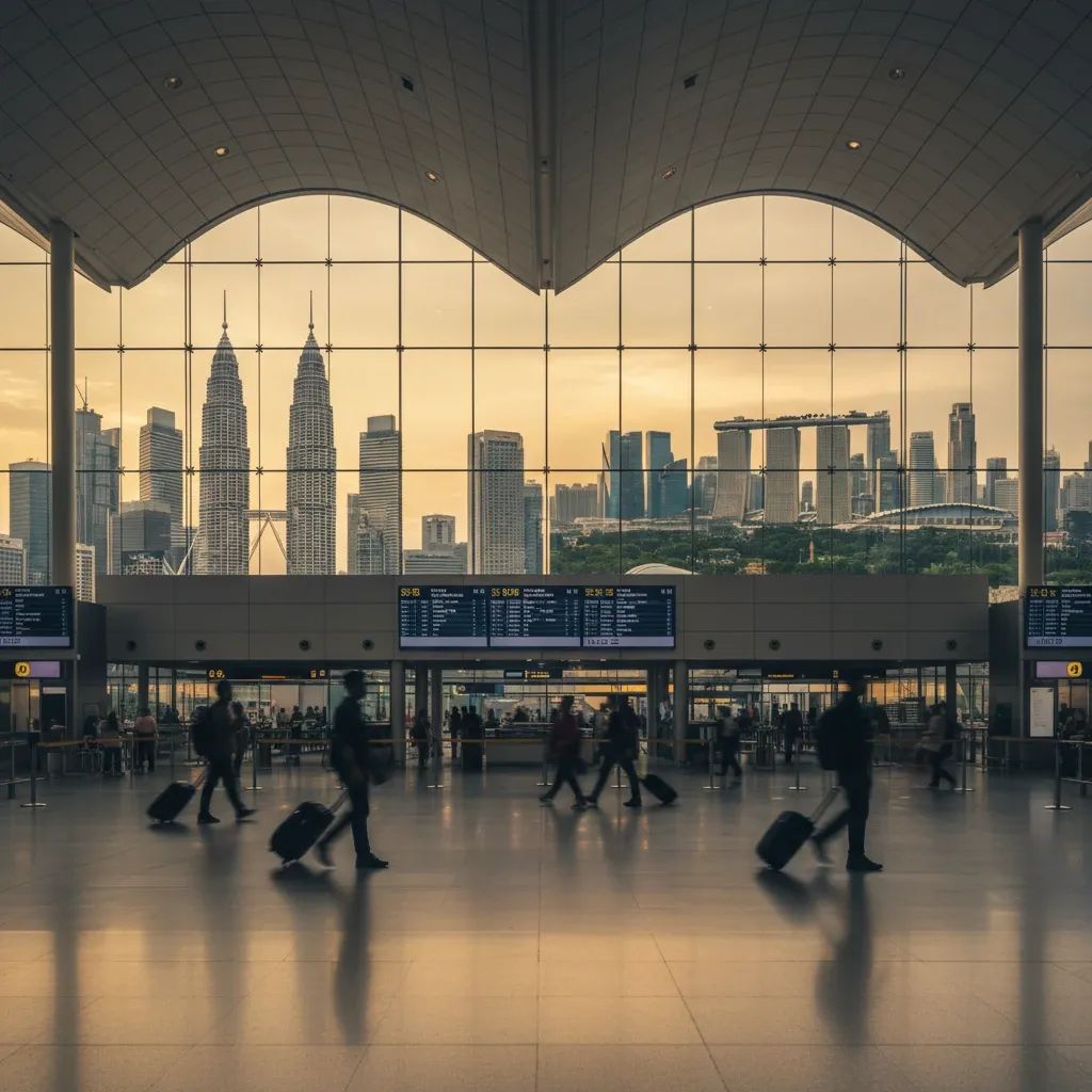 Modern airport terminal interior with travelers and departure boards representing Kuala Lumpur's emerging aviation hub status