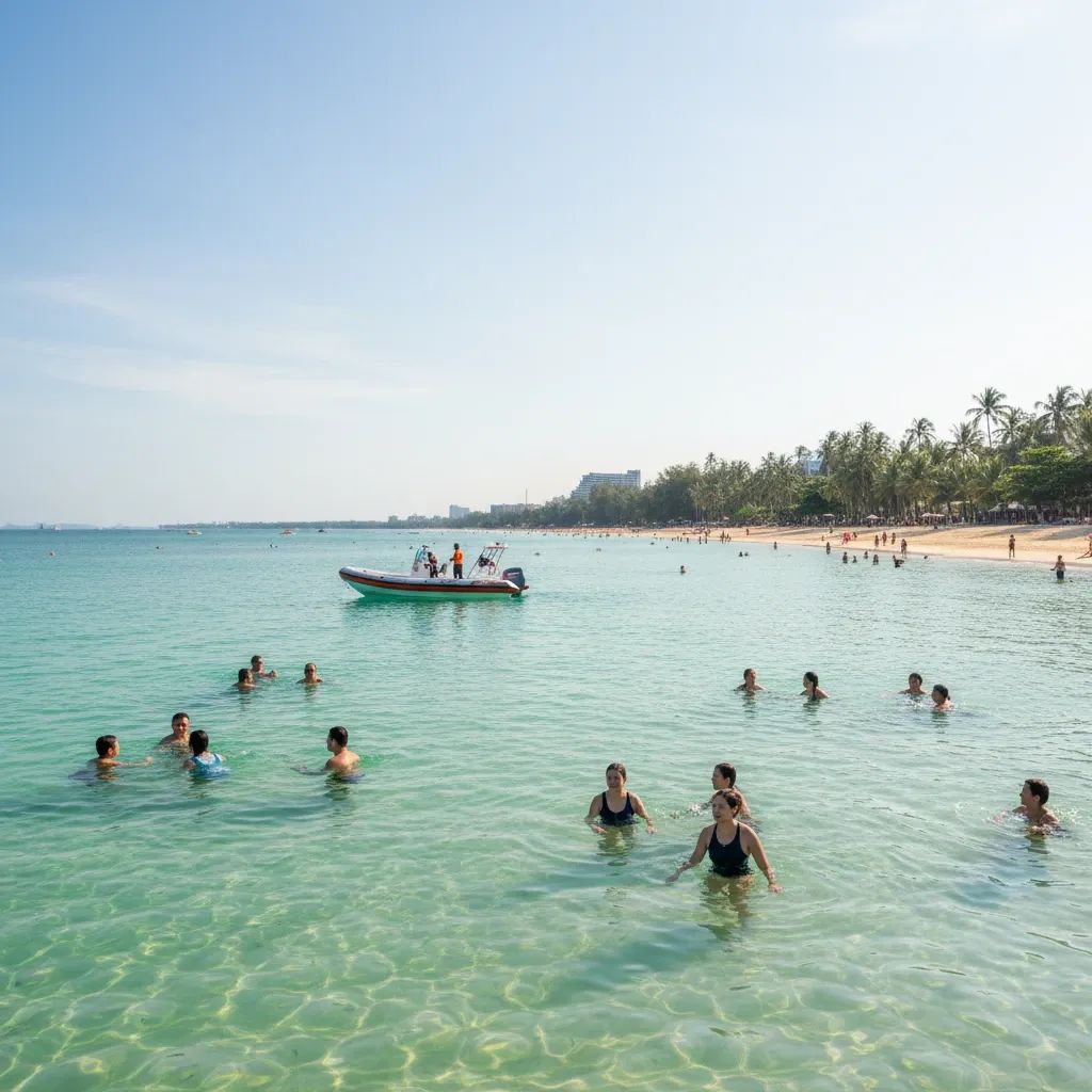 Pattaya beach swimmers in shallow water with rescue boat and safety equipment visible