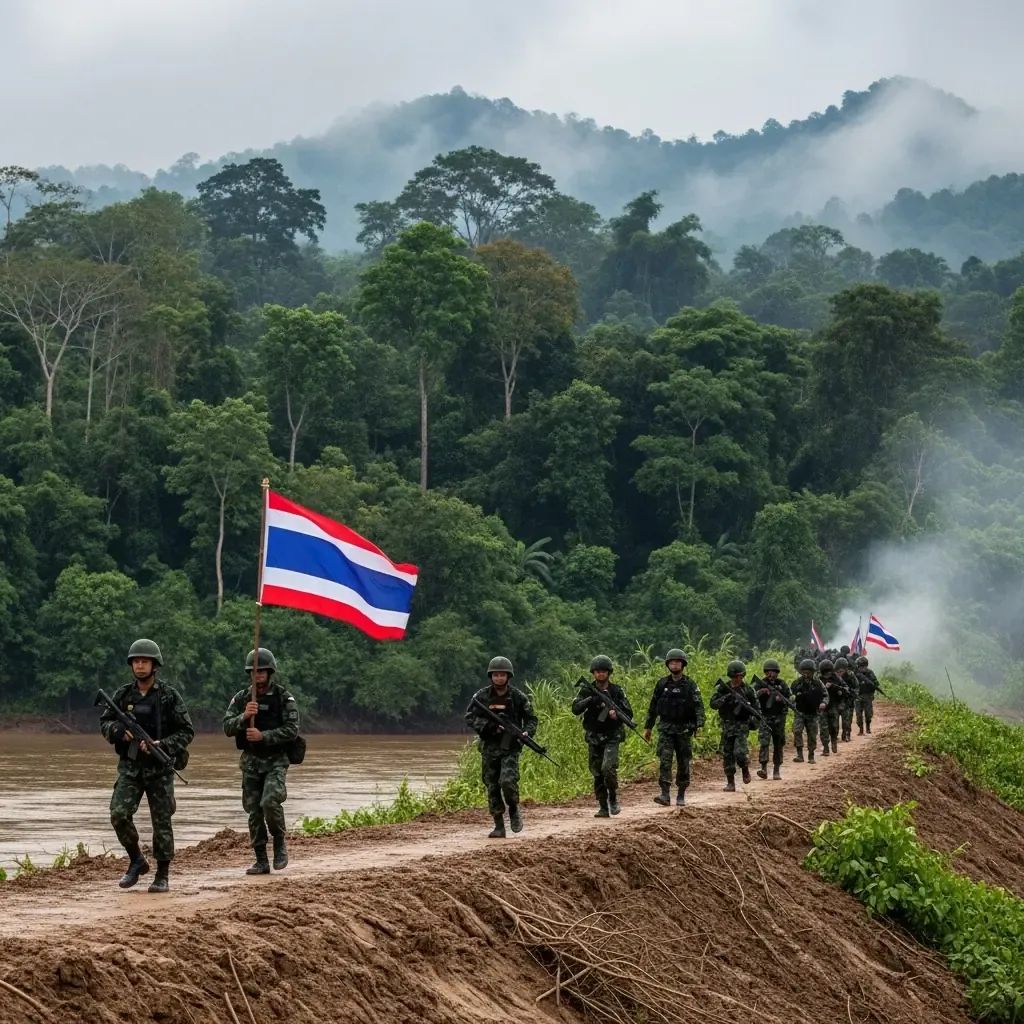 Thai marines advancing along a riverside embankment with a Thai flag after a border clash