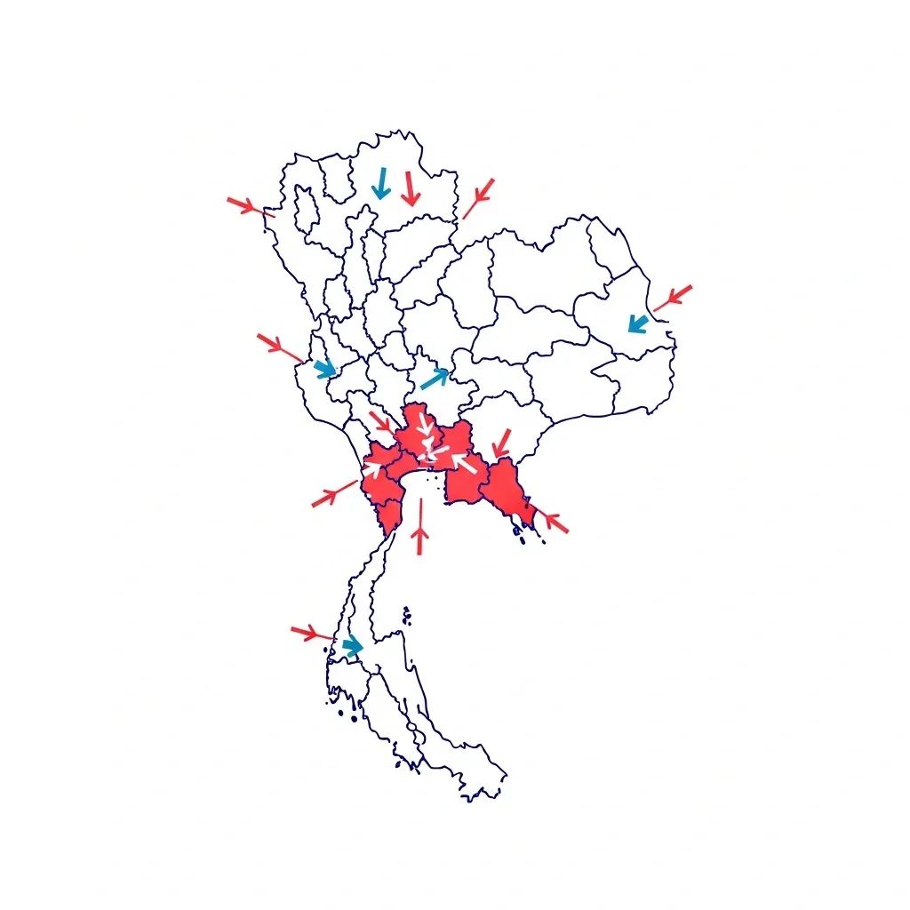 Stylized map of Thailand and Cambodia border highlighting political influence near Preah Vihear