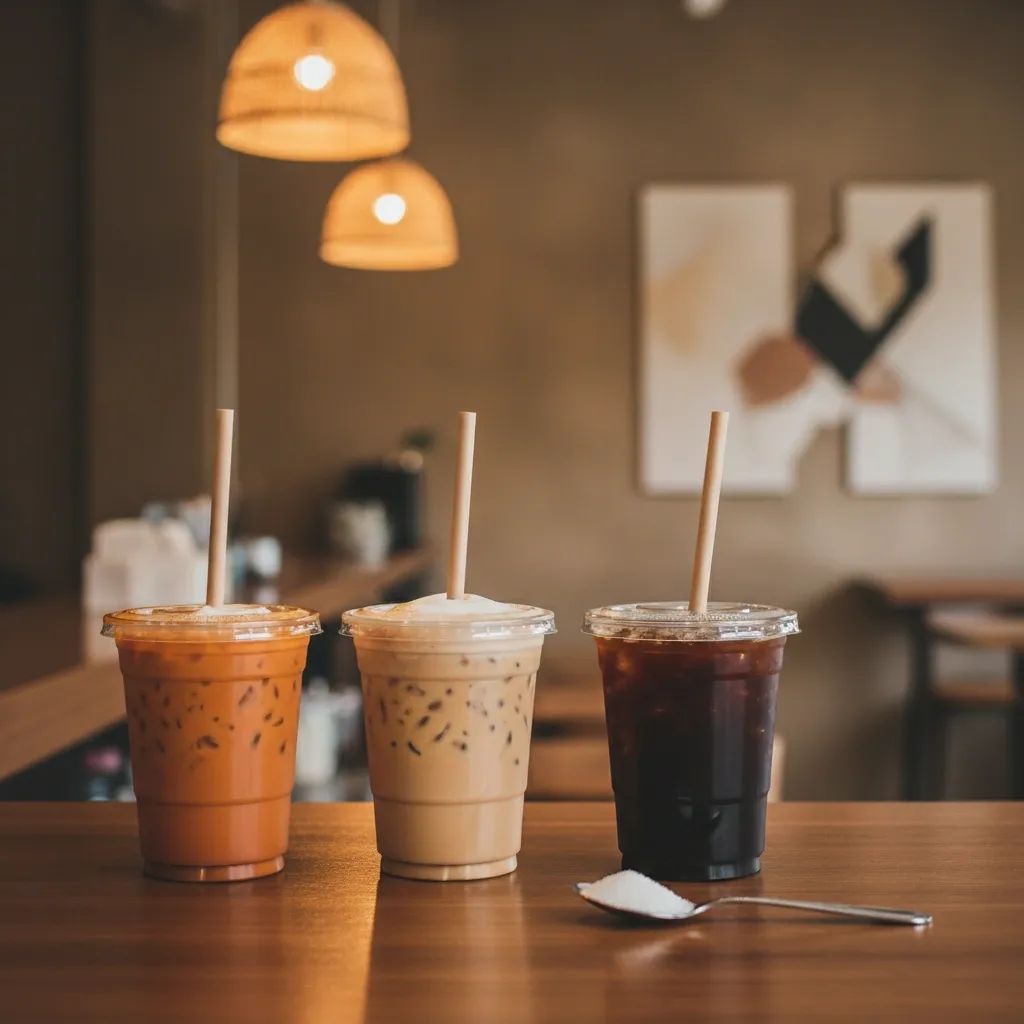 Iced coffee cups on Thai café counter with a small spoon showing reduced sugar portion