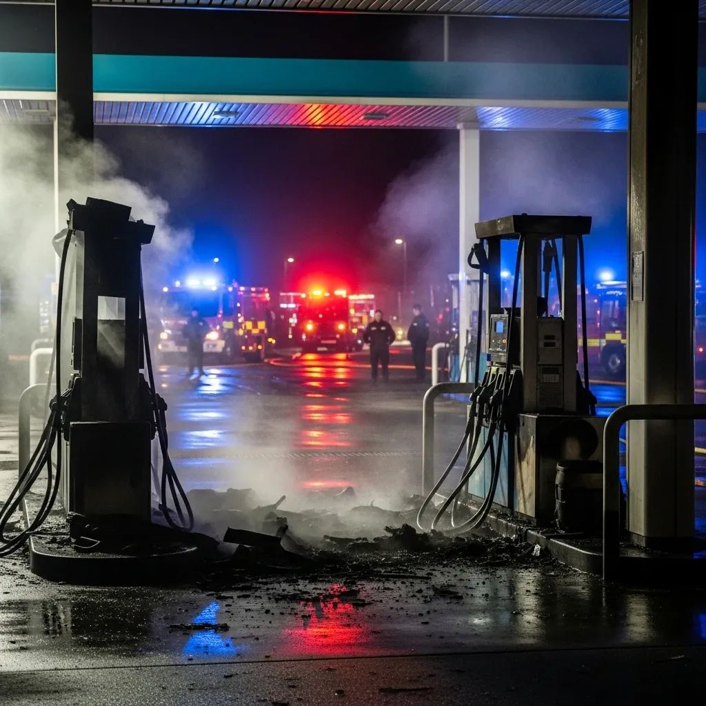 Burnt petrol station forecourt in Thailand's Deep South with smoldering pumps and emergency vehicle lights