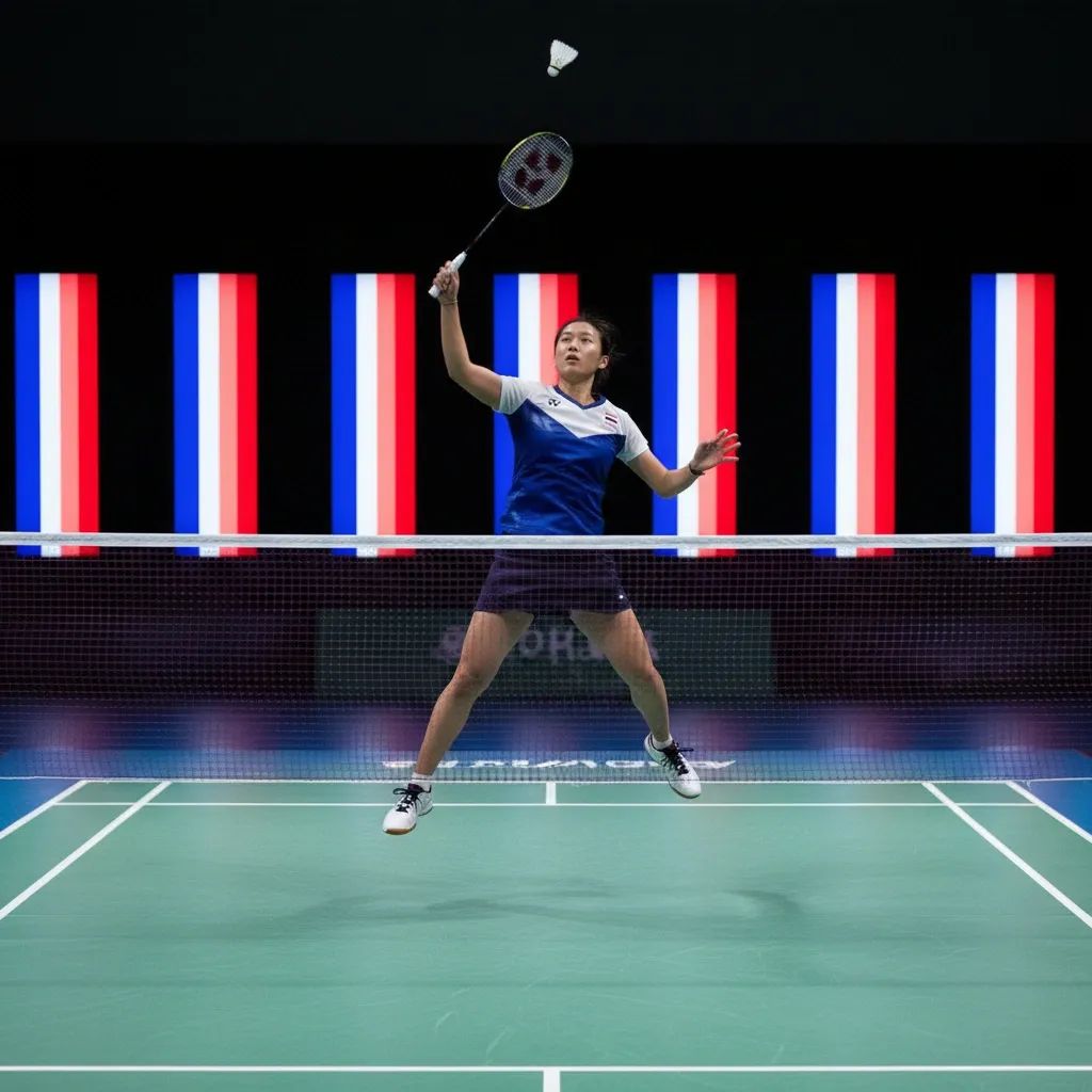 Badminton player in action on court during competitive match