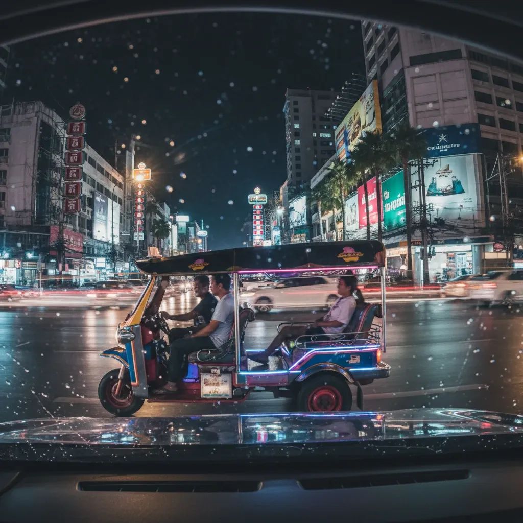 Dashcam view of a tuk-tuk driving through a neon-lit Phuket street at night
