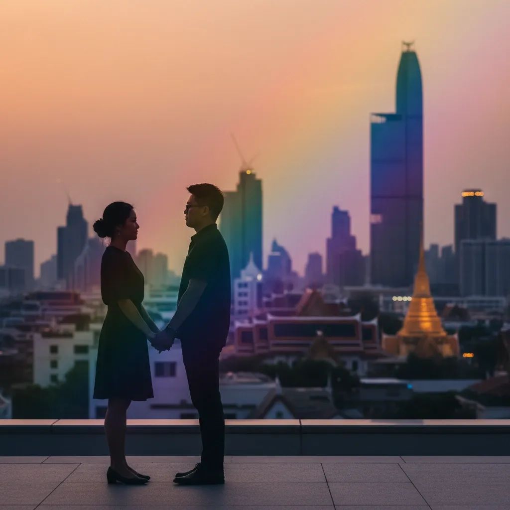 Silhouetted same-sex couple hand-in-hand before Bangkok skyline with gentle rainbow light symbolizing Thailand’s marriage equality