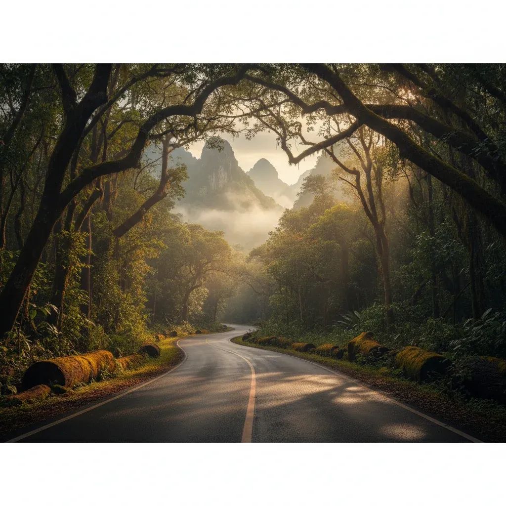 Dense tropical forest with road cutting through landscape representing wildlife habitat fragmentation in northern Thailand