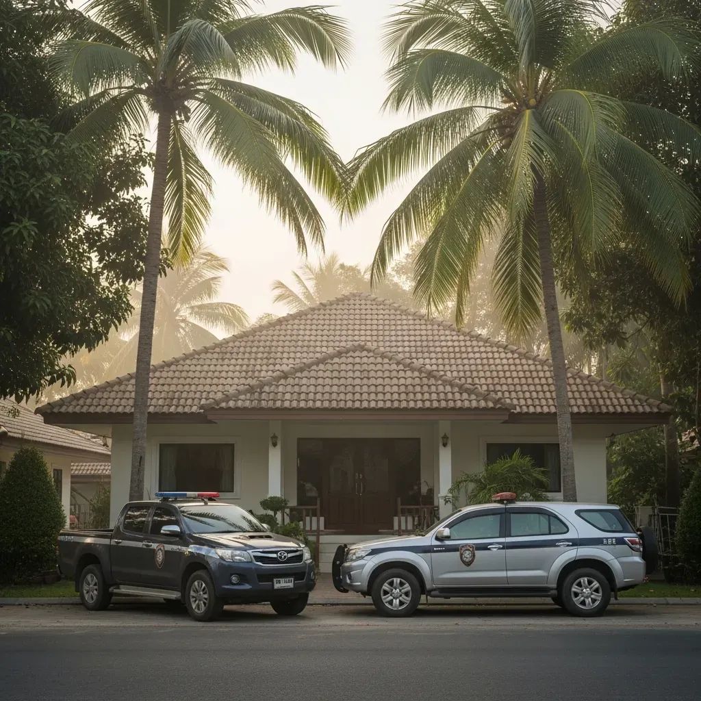 Police vehicles parked outside a tropical Phuket bungalow during a dawn raid