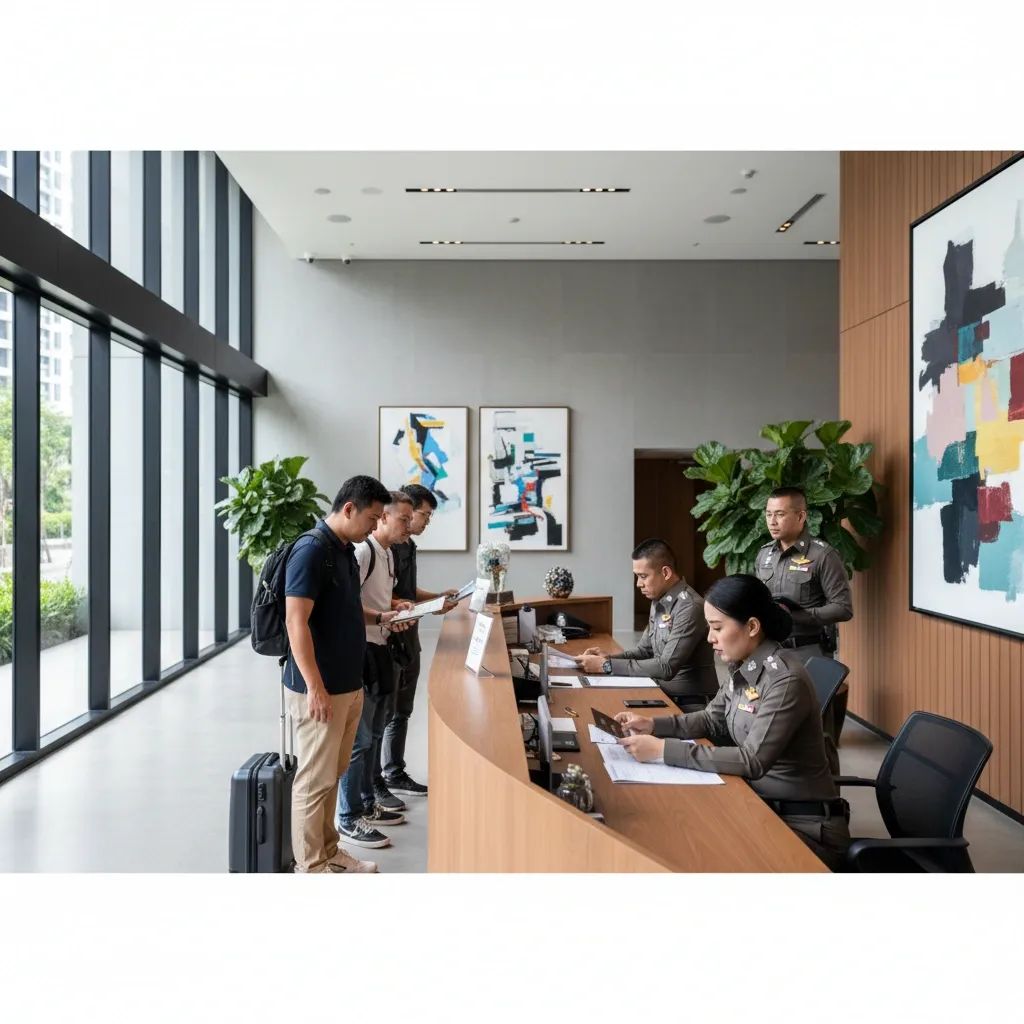 Thai police officers checking passports at a condominium registration desk