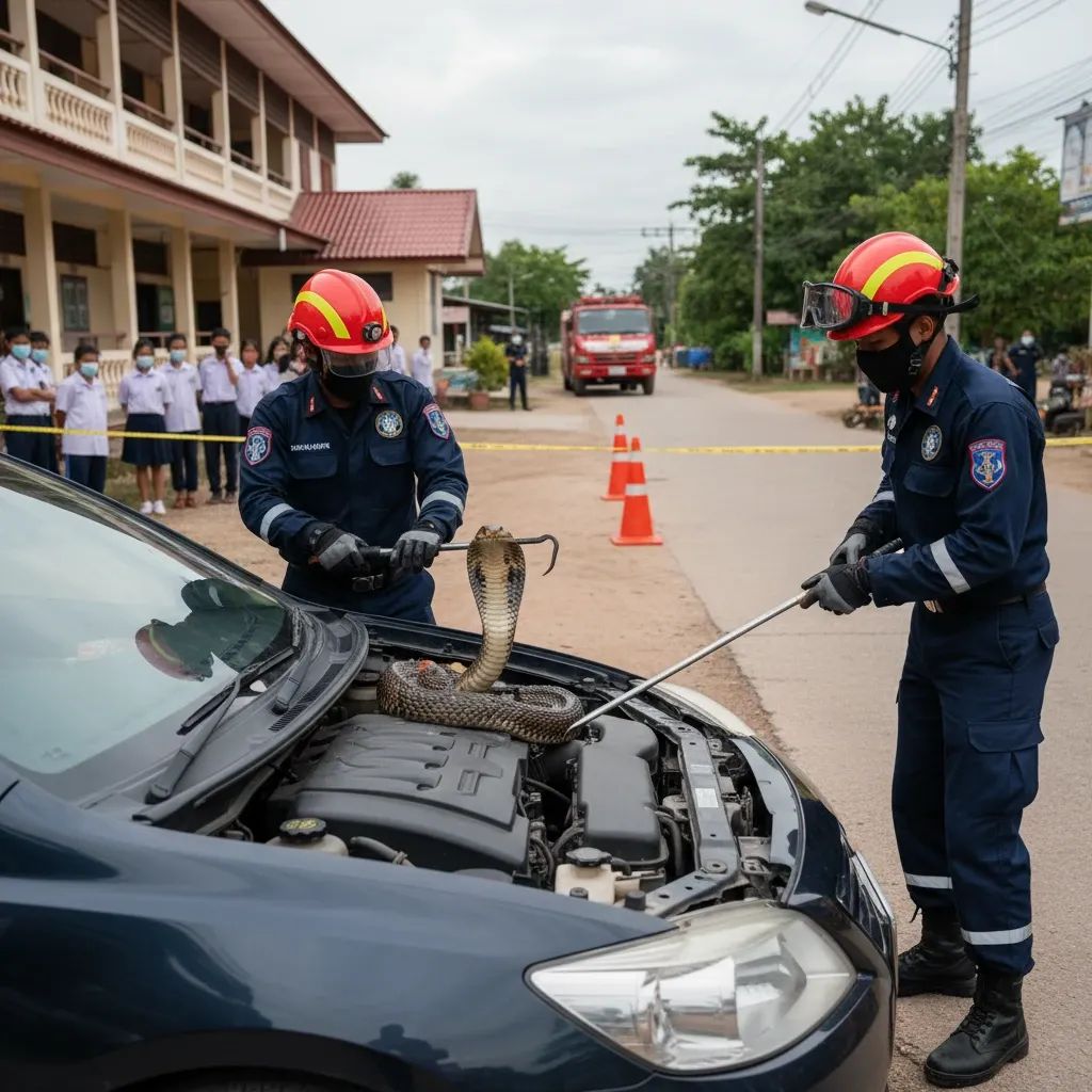 Rescue team extracting a king cobra from a parked car on a rural school road in Phang-Nga