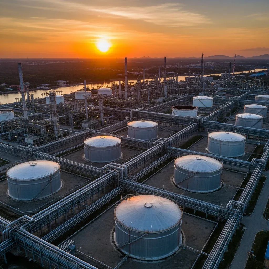 Large oil refinery with storage tanks under sunset sky, representing Thailand's petroleum infrastructure