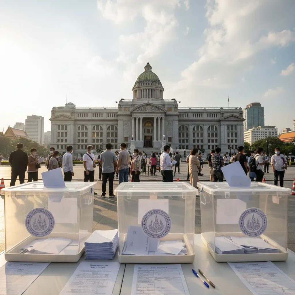 Thai citizens voting at polling station during constitutional referendum with parliament building visible in background