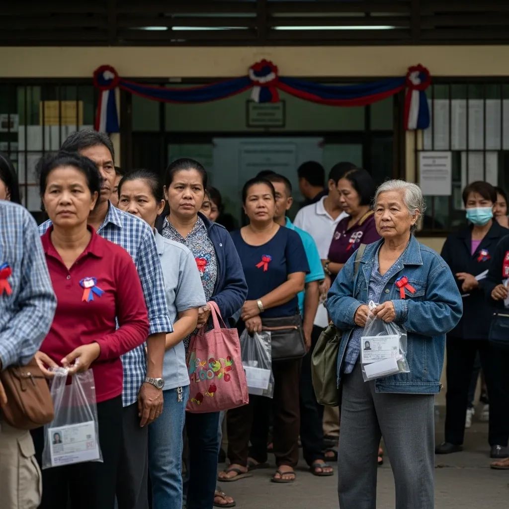 Thai voters queuing outside a polling station in Bangkok for the general election