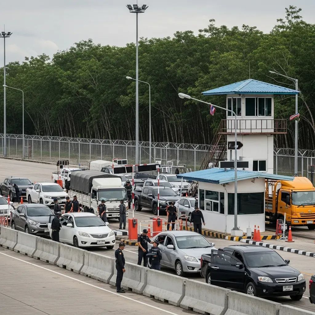 Thai border checkpoint with security officers and barbed wire near rubber plantation