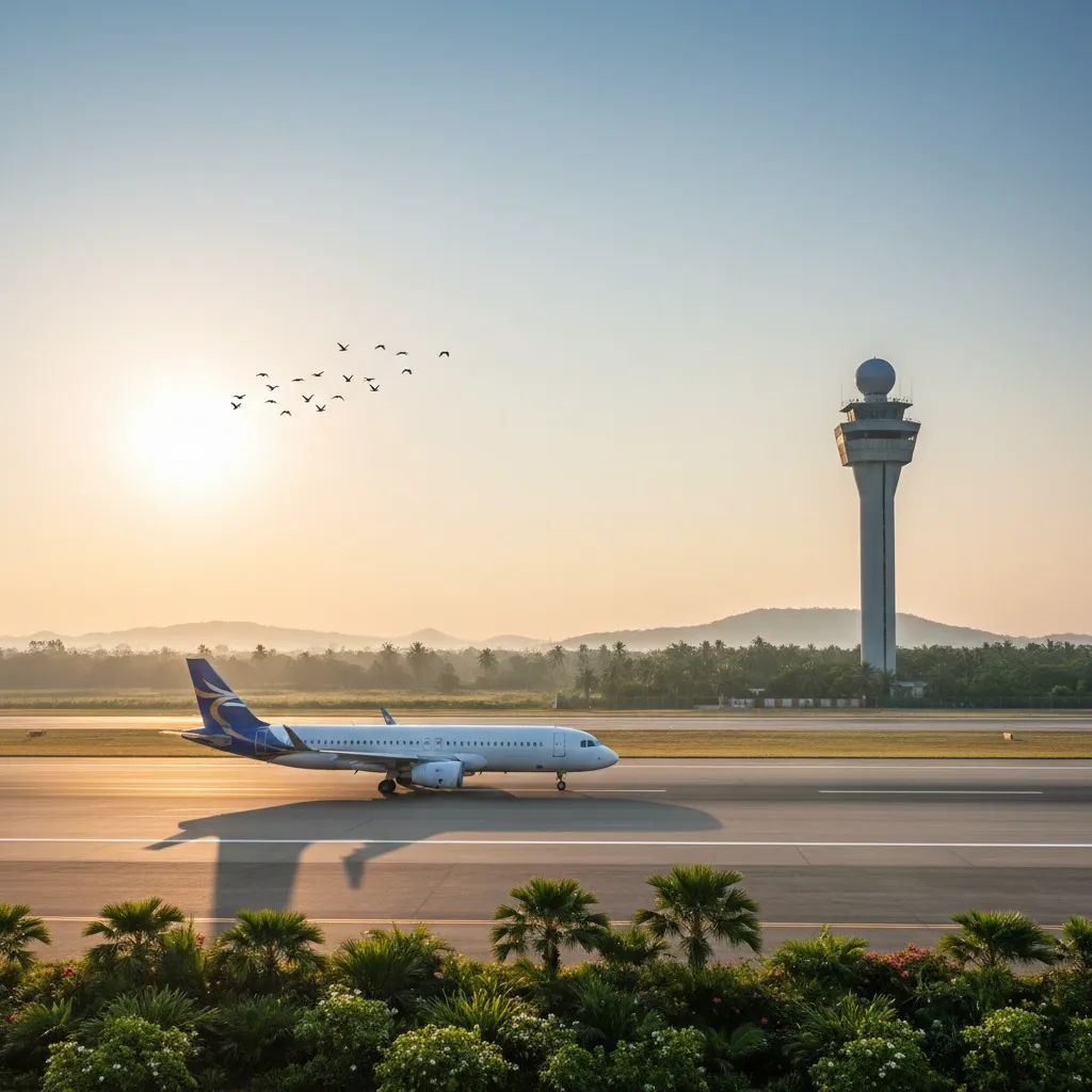 Commercial jet on Thai runway with birds in sky and radar tower showing new bird-strike prevention technology