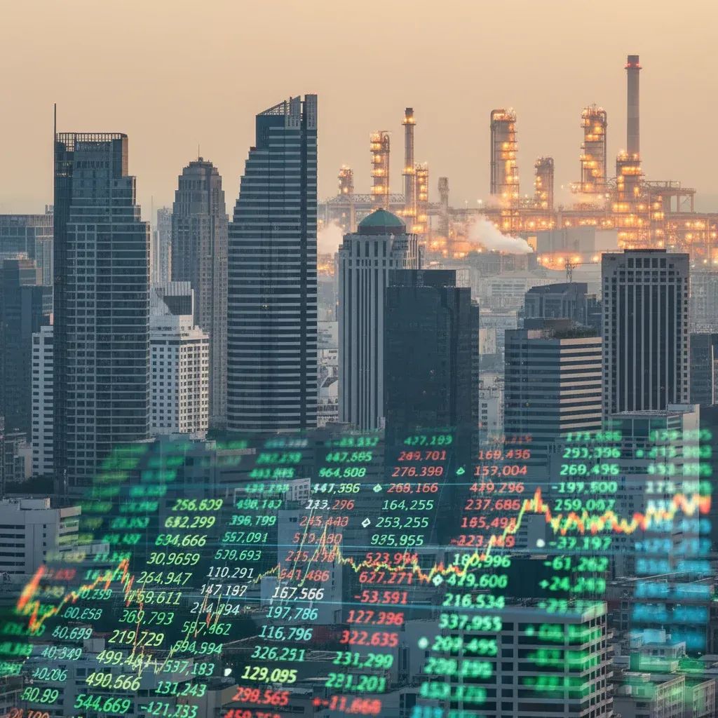 Thailand's Bangkok skyline with financial market charts and oil industry elements representing economic impact