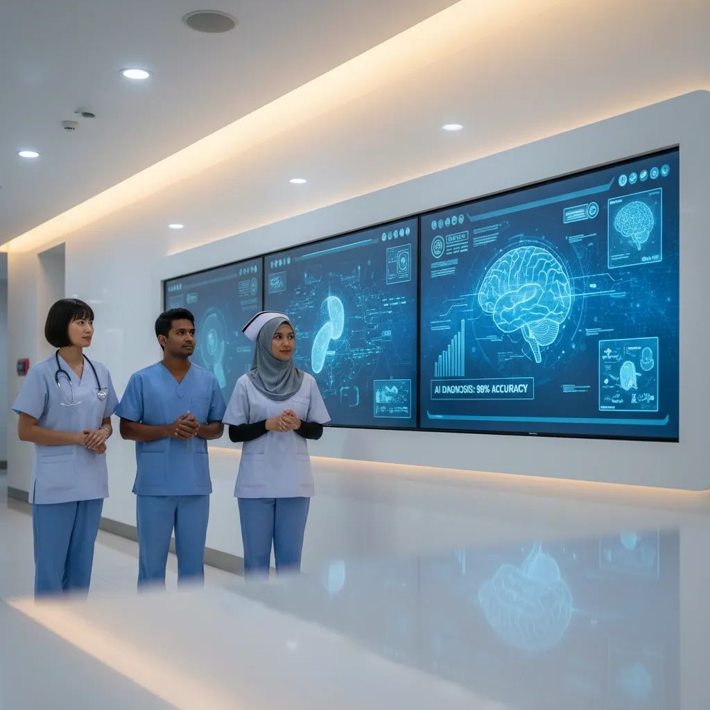 Thai physician reviewing AI diagnostic system in modern hospital setting with digital monitoring displays