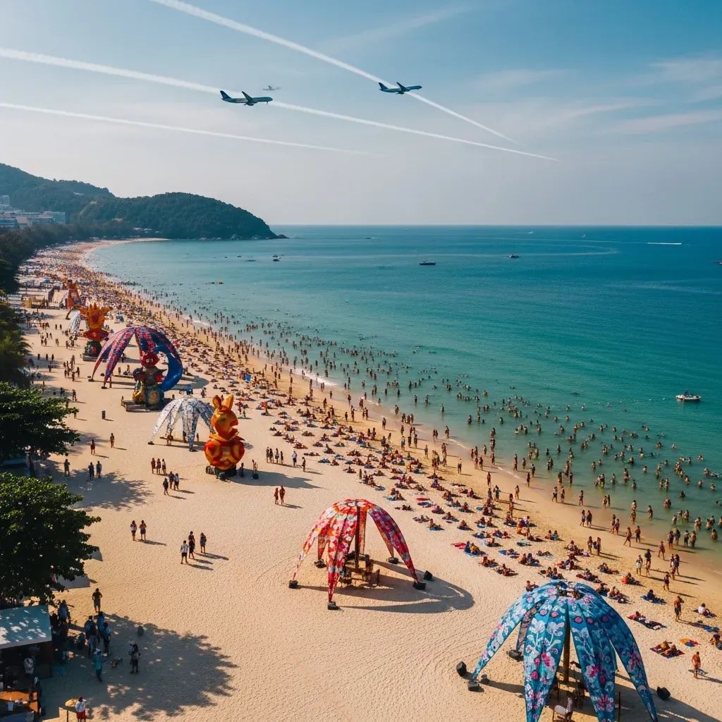Aerial view of busy Phuket beach with tourists, airplanes overhead and festival art installations