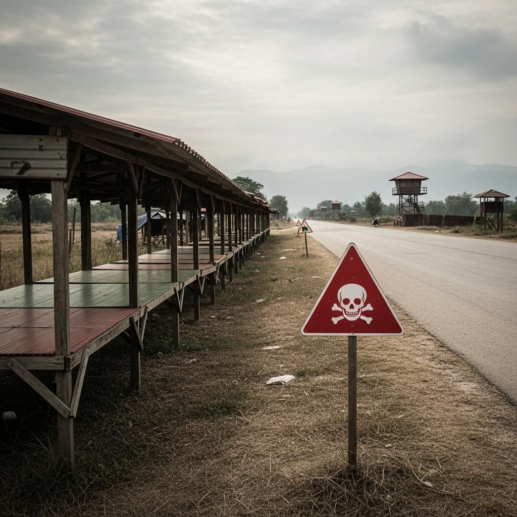 Rural Thai border road with landmine warning sign and deserted market stalls