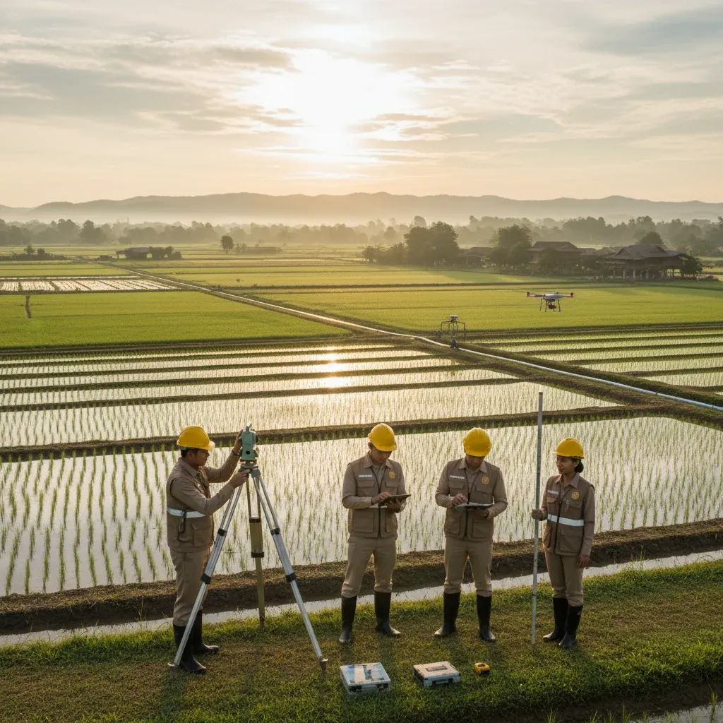 Agricultural officials conducting land inspection and surveying in rural Thailand rice farming area