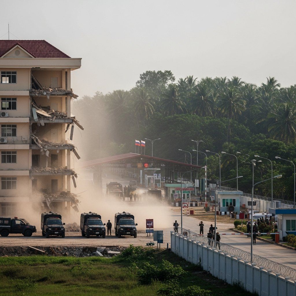 Partially demolished high-rise building at the Shwe Kokko border zone with rubble and security vehicles
