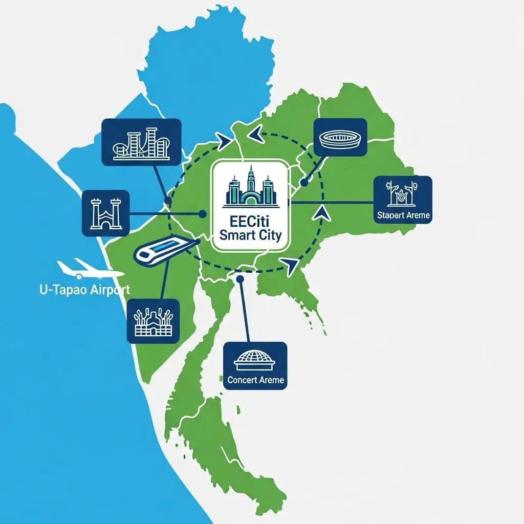 Infographic map of Thailand’s Eastern Corridor showing proposed Disney park, stadium and concert arena