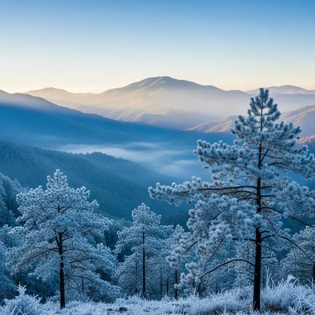 Frost-covered pine trees on a northern Thai mountain peak at dawn under soft morning light