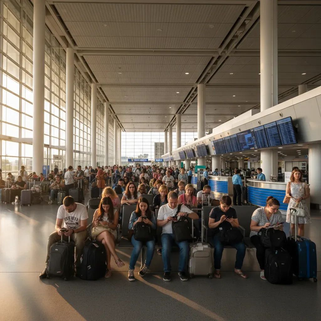 Stranded travelers with luggage at Phuket International Airport during flight disruptions