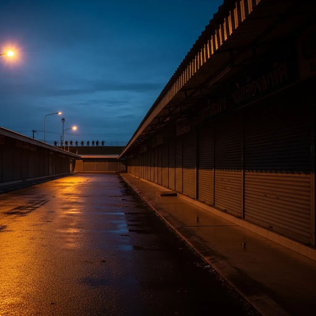 Empty night market in Sa Kaeo at dusk with closed stalls and distant soldiers on patrol