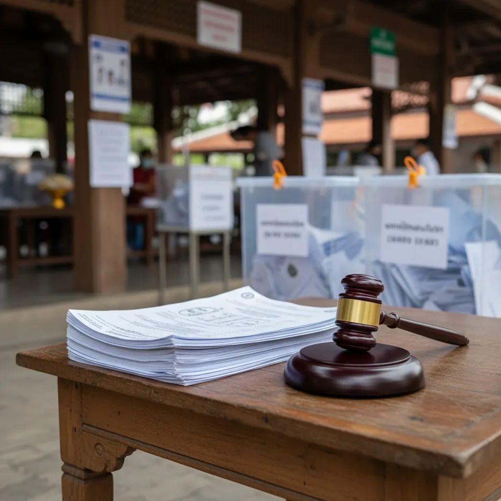 Gavel and election documents beside ballot boxes in a Thai polling station