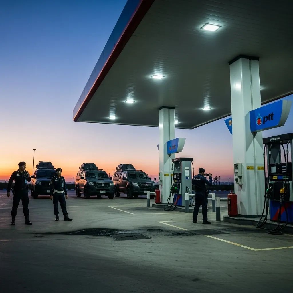 Uniformed guards and military pickup trucks at dawn at a PTT petrol station forecourt after bombings