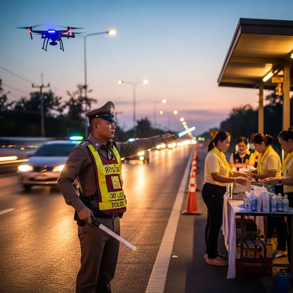 Thai police officer directs traffic at highway checkpoint with drone overhead and rest station in background at dusk