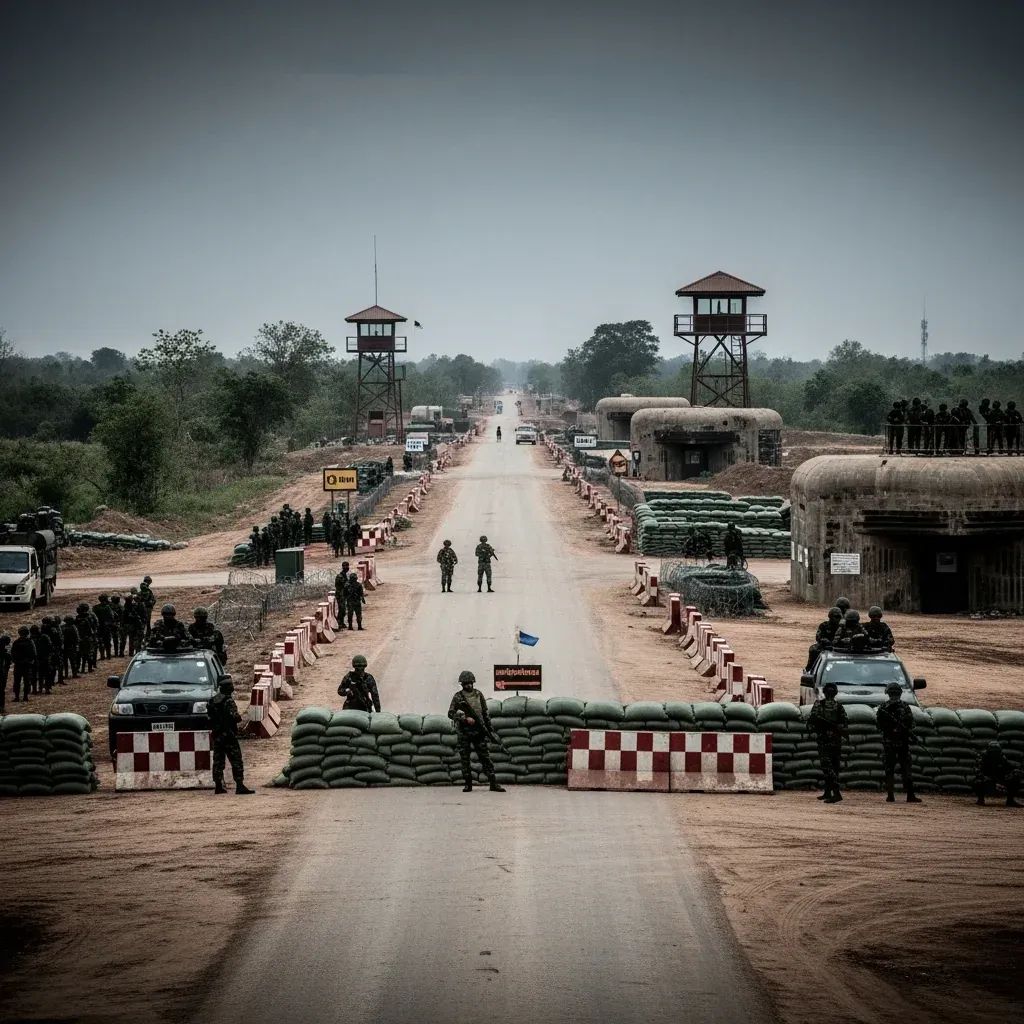 Soldiers patrolling a dusty Thailand–Cambodia border checkpoint with watchtowers in the background