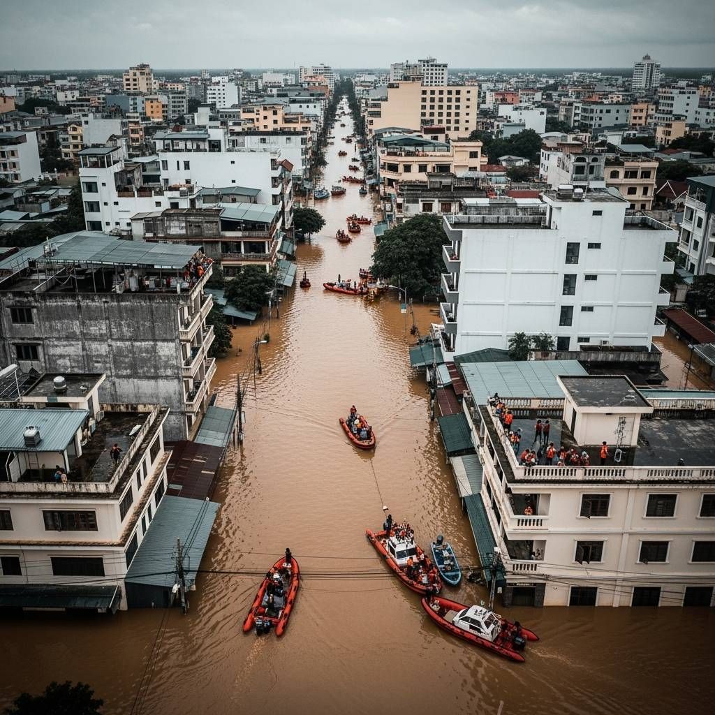 Aerial view of Hat Yai streets submerged under muddy floodwaters with scattered rescue boats
