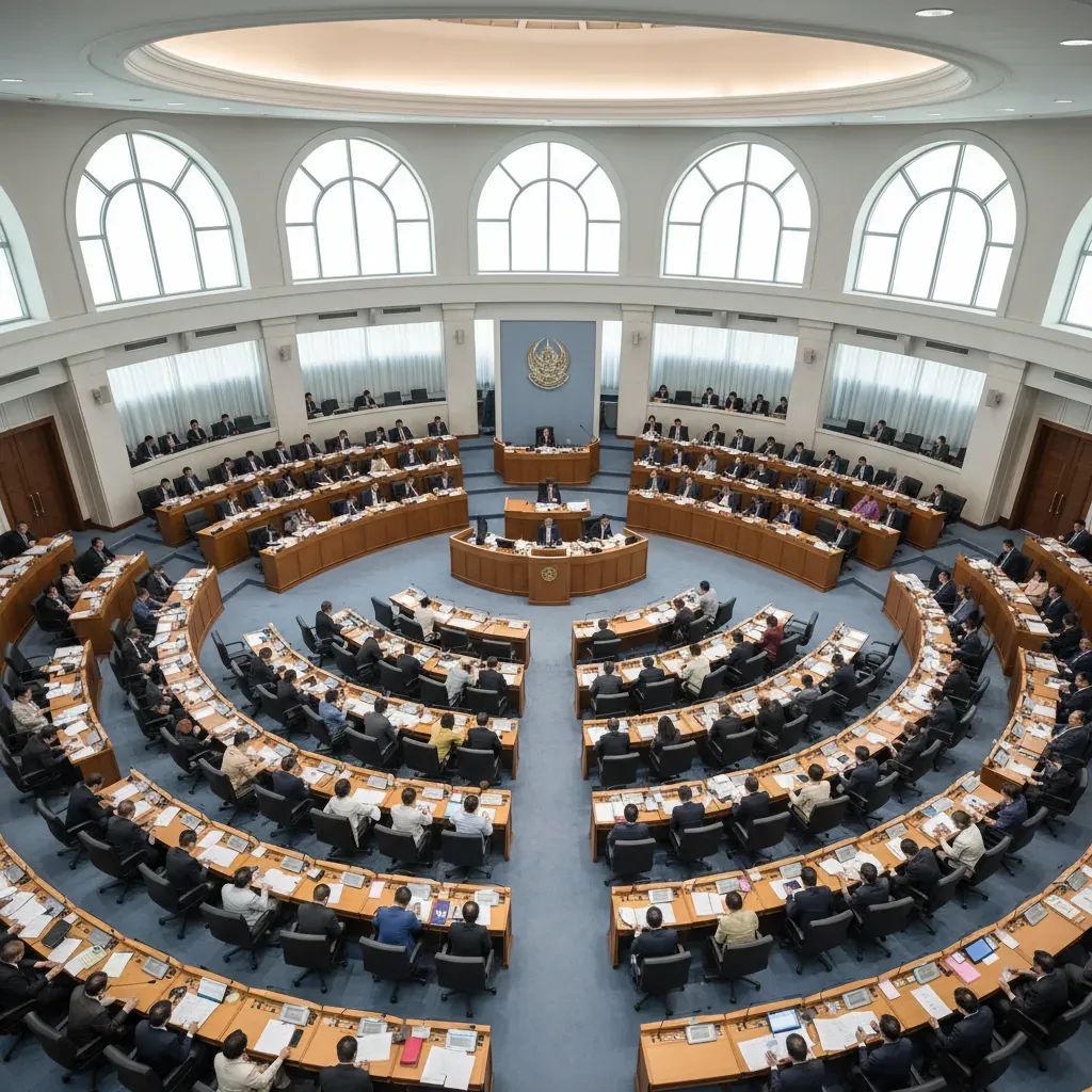 Thai parliament lawmakers in legislative chamber during formal session debate